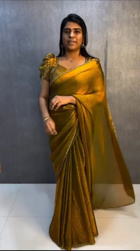 Ethnic Suits Golden Color Zip and go Saree with Beads