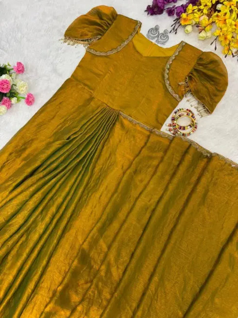 Ethnic Suits Golden Color Zip and go Saree with Beads