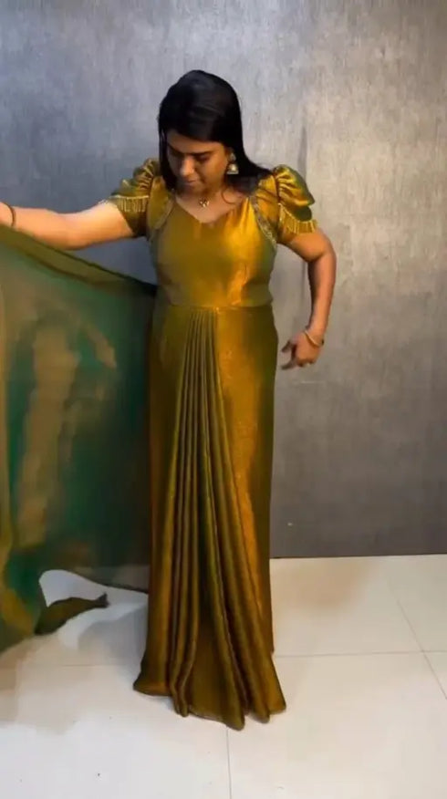 Ethnic Suits Golden Color Zip and go Saree with Beads