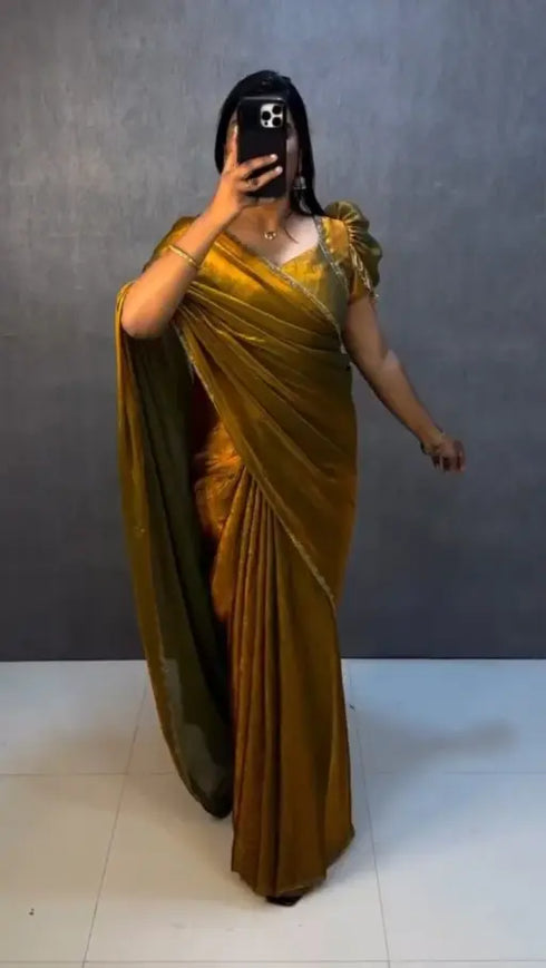 Ethnic Suits Golden Color Zip and go Saree with Beads