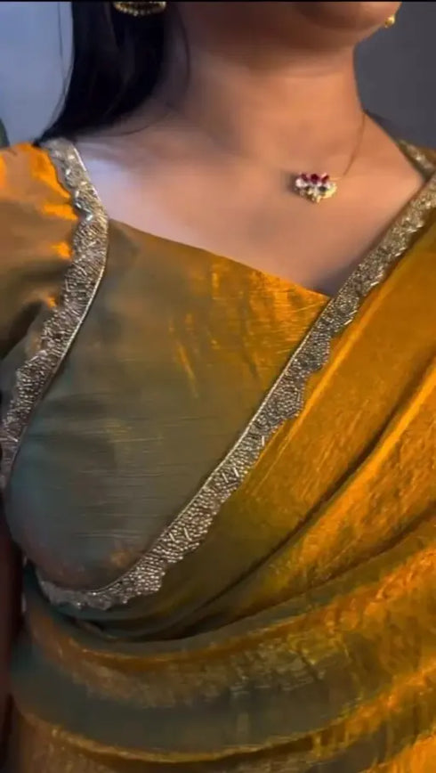 Ethnic Suits Golden Color Zip and go Saree with Beads