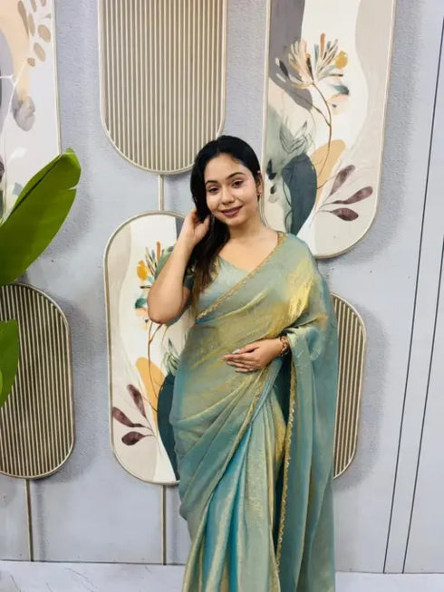 Ethnic Suits Green Color Zip and go Saree with Beads