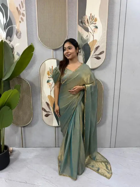Ethnic Suits Green Color Zip and go Saree with Beads