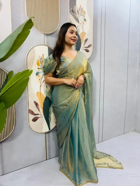 Ethnic Suits Green Color Zip and go Saree with Beads
