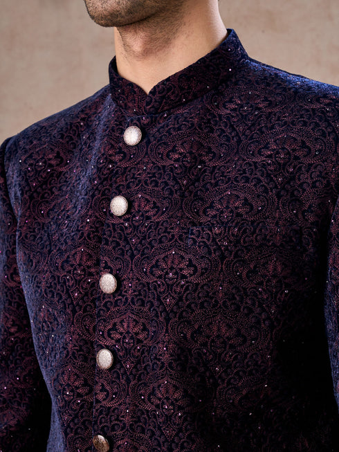 Manyavar Deep Blue and Wine Imperial Patterned Indo Western Set