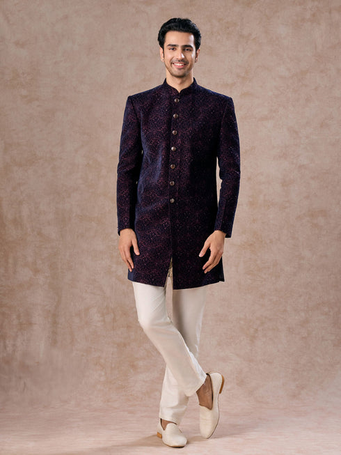 Manyavar Deep Blue and Wine Imperial Patterned Indo Western Set