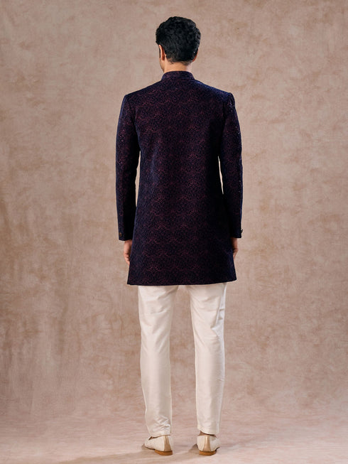 Manyavar Deep Blue and Wine Imperial Patterned Indo Western Set