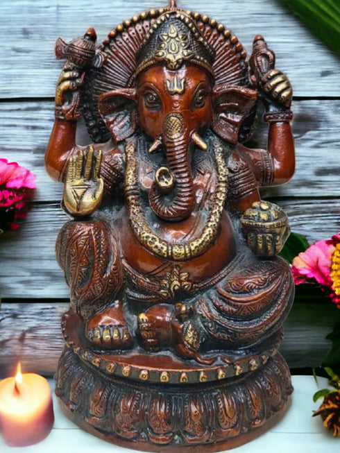 Tamas Brass Handcrafted Lord Ganesha Statue / Idol with Antique Finish (Golden & Brown) (Pack of 1)