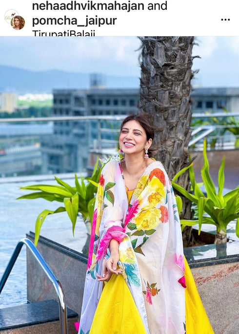 Pomcha Jaipur Sunflower Cotton Silk Yellow Anarkali With Organza Dupatta