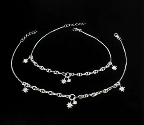 Daily wear 925 Sterling Silver White CZ Star Charm Chain Anklet Payal Pair