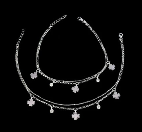 Beach wear 925 Sterling Silver double Layers girlish White CZ Chain Anklet Pair