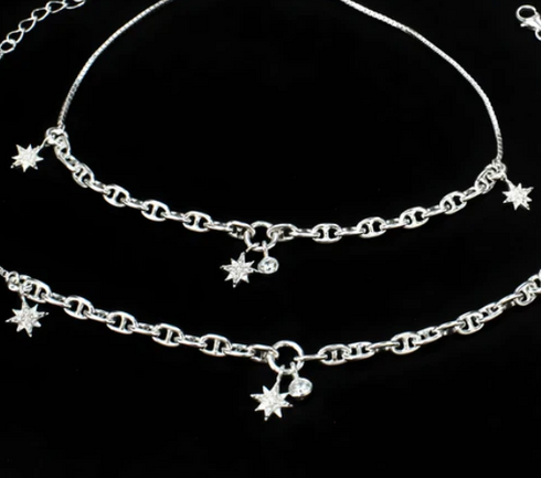 Daily wear 925 Sterling Silver White CZ Star Charm Chain Anklet Payal Pair