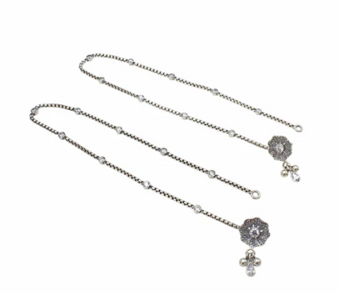 Boho Looks 925 Sterling Silver White CZ Oxidised Anklet pair