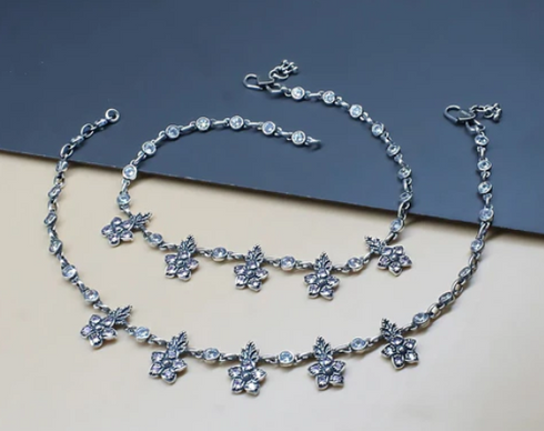 925 Sterling Silver women Pink White CZ boho style Oxidised Anklets Pair