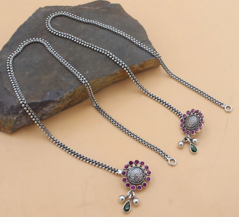 925 Sterling Silver Pink Green CZ Oxidised Beach Wear Jhanjhar Anklet Pair