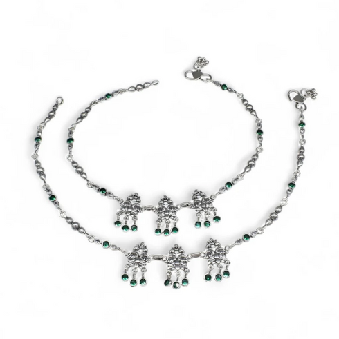 Peacock design jhanjhar 925 Sterling Silver Green white CZ Oxidised women Anklet Pair
