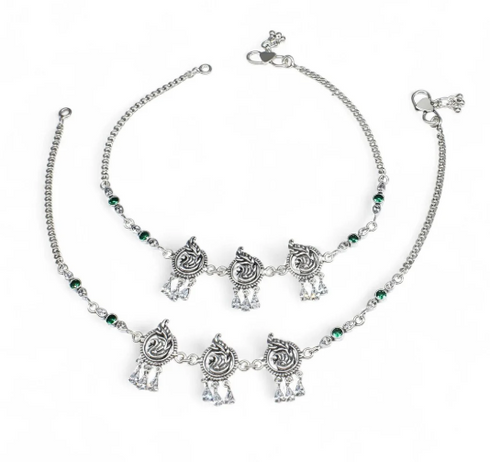 Traditional 925 Sterling Silver Green White CZ Oxidized Peacock design women payal Anklet Pair