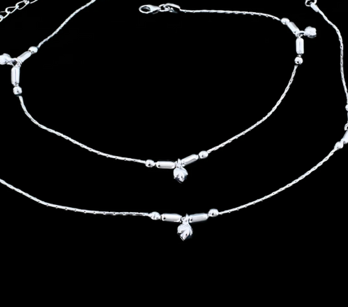 Real Silver Leaf Charm Beaded Stylish Payal Anklet - Pair