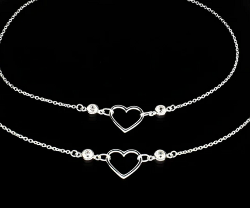 Exclusive 925 Sterling Silver girlish White CZ heart Chain Anklet Pair