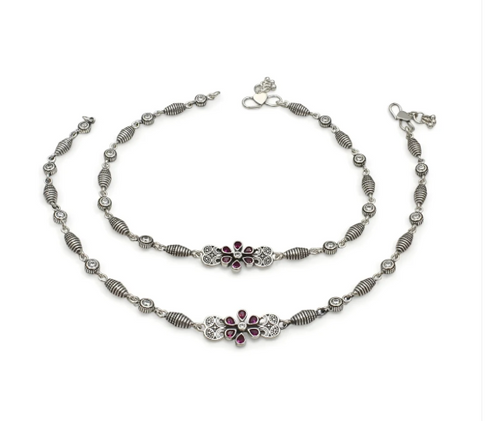 Beach style 925 Sterling Silver Pink White CZ Oxidised Payal Anklet Pair