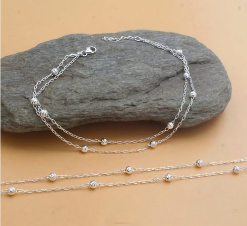 Trendy 925 Sterling Silver Double Chain Bead Silver Anklet Payal Pair