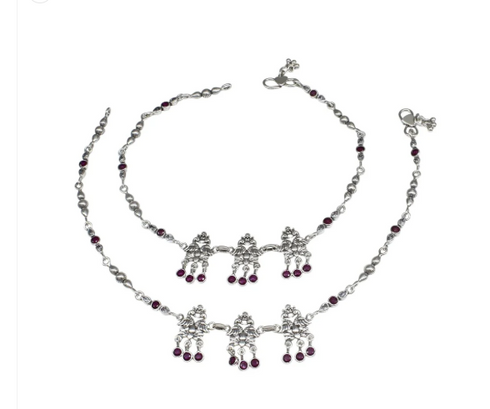 Divine 925 Sterling Silver Pink White CZ Oxidized women peacock Anklet Pair