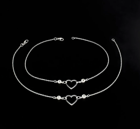 Exclusive 925 Sterling Silver girlish White CZ heart Chain Anklet Pair
