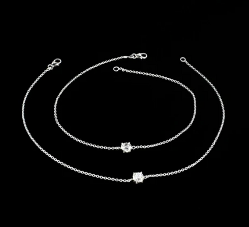Gorgeous 925 Sterling Silver girlish White CZ Chain Anklet Pair