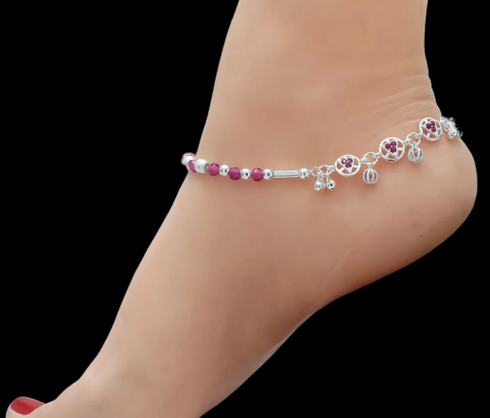 Real Silver Indian women unique trendy pink CZ Anklets Ankle Pair