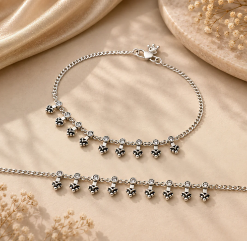 925 Sterling Silver White CZ Oxidised Floral Charm Payal Anklet Pair