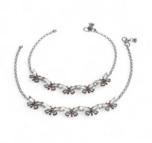 Cute 925 Sterling Silver orange white CZ Oxidized Elegant Butterfly women Anklet Pair