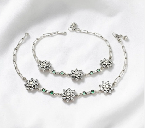 925 Sterling Silver Green White CZ Oxidised Payal Anklet Pair