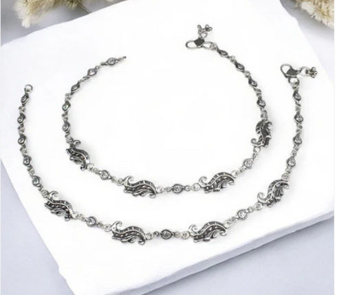 Boho style 925 Sterling Silver white CZ Oxidised women payal Anklet Pair