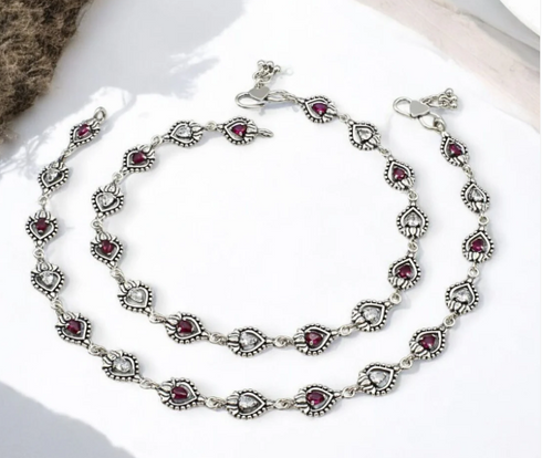 925 Sterling Silver Excellent Pink White CZ Oxidised Pajeb Anklet