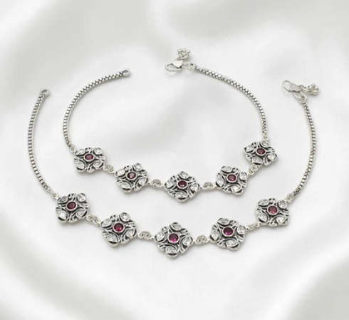 925 Sterling Silver Pink White CZ Oxidised Jhanjhar Anklet Pair
