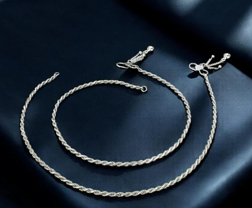 925 Sterling Silver rope design women payal Chain Anklet Pair
