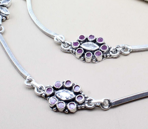 Traditional 925 Real Solid Silver CZ Oxidized Anklets Ankle