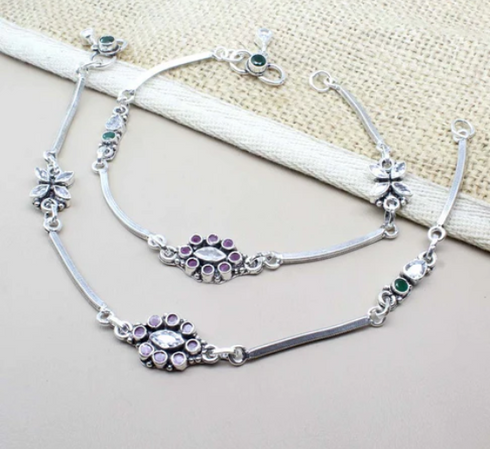 Traditional 925 Real Solid Silver CZ Oxidized Anklets Ankle