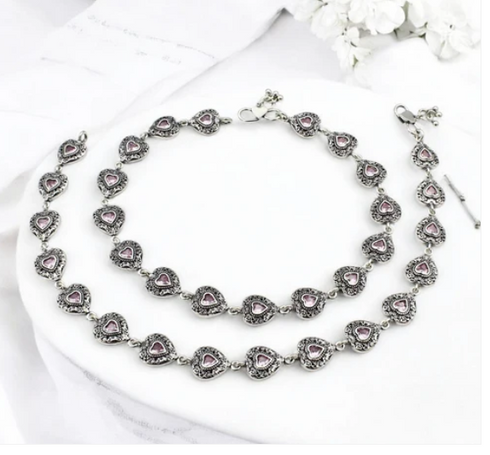 925 Sterling Silver Women Pink CZ Oxidised Hearts payal Anklet Pair