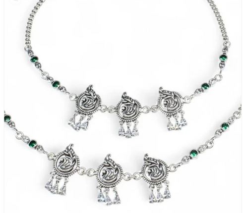 Traditional 925 Sterling Silver Green White CZ Oxidized Peacock design women payal Anklet Pair