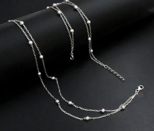 Trendy 925 Sterling Silver Double Chain Bead Silver Anklet Payal Pair