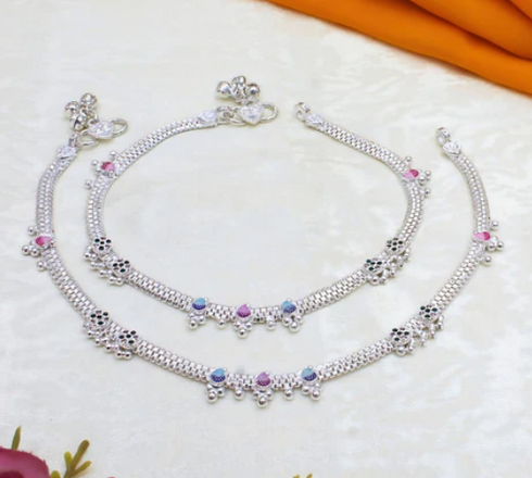 Real Silver Blue Pink CZ Women Anklet - Meenakari Silver Payal