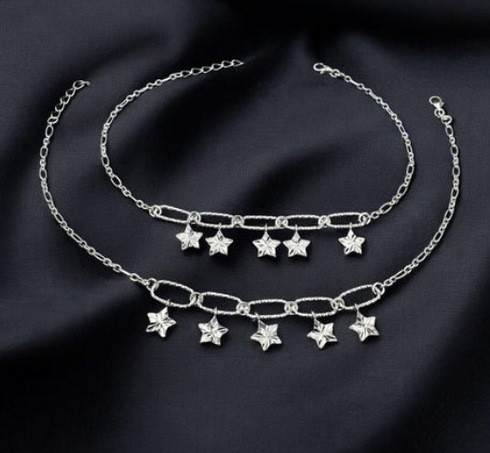 925 Sterling Silver Dazzling Stars Charm Chain Payal Boho Anklet Pair