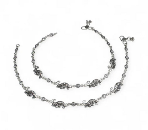Boho style 925 Sterling Silver white CZ Oxidised women payal Anklet Pair