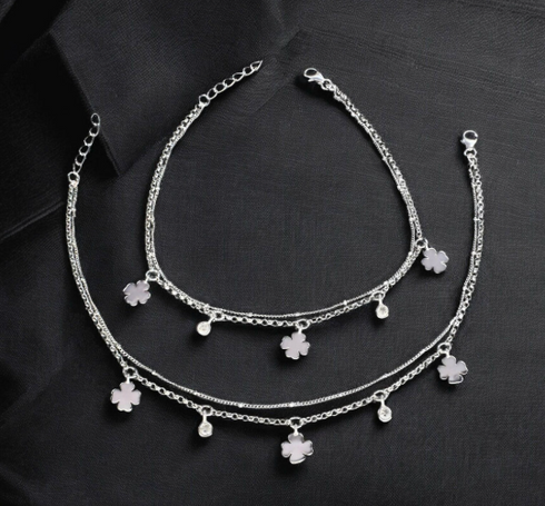 Beach wear 925 Sterling Silver double Layers girlish White CZ Chain Anklet Pair