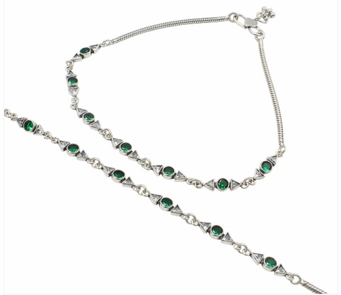 Boho Look 925 Sterling Silver Green White CZ Oxidised Snake line Anklet