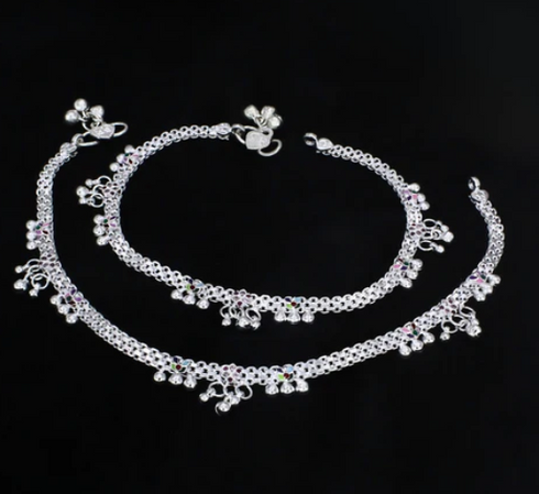 Traditional Real Silver Pink CZ Women Bridal Anklet