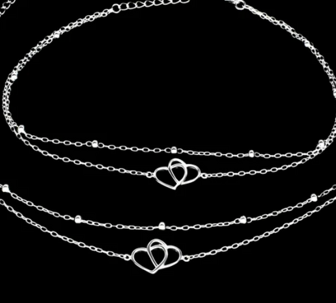 Girlish 925 Sterling Silver two Layered Love Heart beach Foot Anklet Pair
