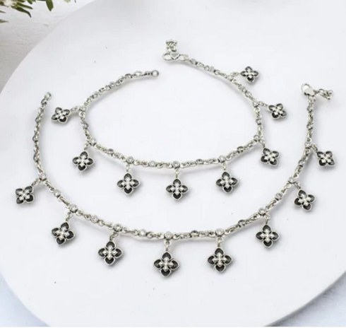 925 Sterling Silver floral White CZ Oxidised divine pajeb Anklet Pair