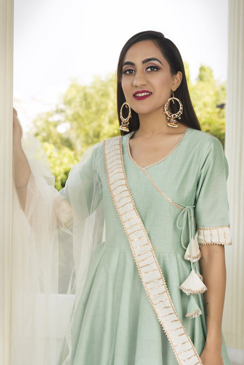 Pomcha Jaipur Cotton Silk Mint Angrakha With Plazzo Set And Soft Net Dupatta